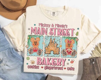 Retro Mickey & Minnie peperkoek kerstshirt, roze Disney Main Street Bakery-T-shirt, leuk vakantie-T-shirt, Disney kersttrui