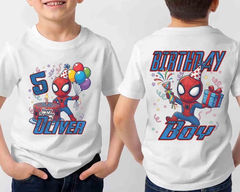 May include: White t-shirt featuring a cartoon Spider-Man design. The front displays a birthday cake, the number 5, and the name "Oliver." The back of the shirt says "Birthday Boy." The design includes colorful balloons and confetti.