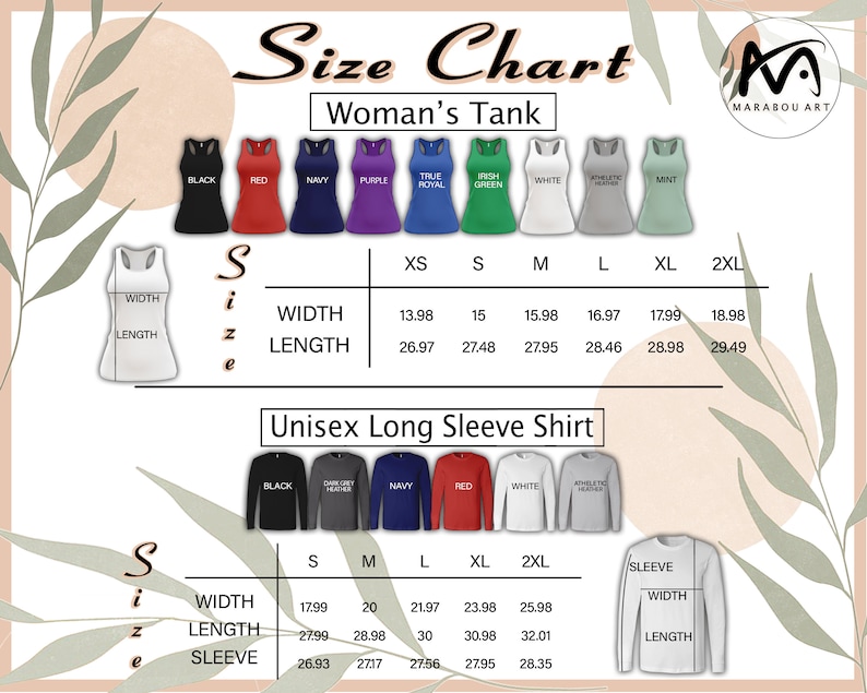 May include: Size chart for Woman's Tank tops and Unisex Long Sleeve Shirts. The chart shows measurements for width, length, and sleeve length in inches. Tank tops are available in black, red, navy, purple, true royal, Irish green, white, athletic heather, and mint.