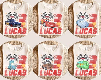 Camiseta personalizada de aniversário do Relâmpago McQueen, aniversário do Carros da Pixar, camiseta personalizada com idade e nome, melhor aniversário de todos os tempos, camiseta infantil de aniversário com tema de carro de corrida