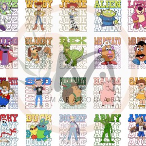 May include: A collection of colorful cartoon character designs from the Toy Story franchise. Each character is displayed in a rectangular frame with their name repeated vertically. Characters include Buzz, Woody, Jessie, Alien, and Lotso.