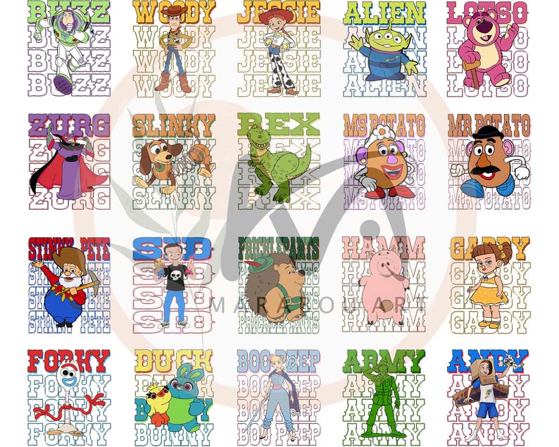 May include: A collection of colorful cartoon character designs from the Toy Story franchise. Each character is displayed in a rectangular frame with their name repeated vertically. Characters include Buzz, Woody, Jessie, Alien, and Lotso.