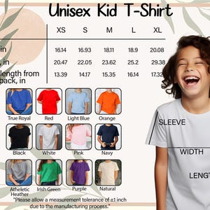 The image is a collage of various children's t-shirt designs, including different colors and styles, along with a young girl wearing a white t-shirt and measurements for each design.