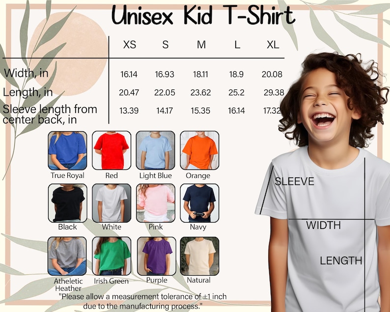 The image is a collage of various children's t-shirt designs, including different colors and styles, along with a young girl wearing a white t-shirt and measurements for each design.
