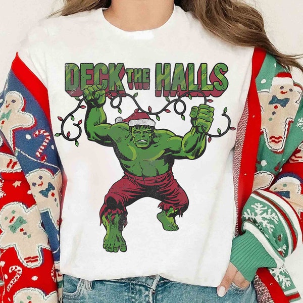 Marvel Christmas Hulk Deck The Halls Portrait T-Shirt, Marvel Avengers Characters Christmas Costume Tee, Disneyland Vacation Trip Gift