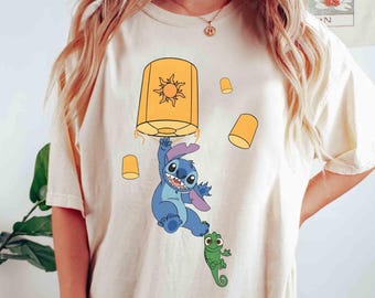 Cute Floating Lanterns Stitch And Pascal T-shirt, Disney Tangled Rapunzel Princess Tee, Disneyland Magic Kingdom Family Holiday 2026 Trip