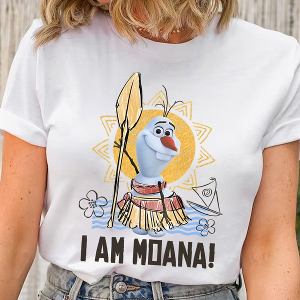Divertido Disney Olaf presenta Moana traje boceto camisa, WDW Magic Kigndom Holiday camiseta unisex regalo de cumpleaños familiar adulto niño niño camiseta