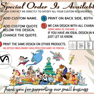 May include: Promotional graphic for Marabou Art, offering custom designs on various products. Text details include adding custom names and quotes, printing on both sides, and designing with Disney, Marvel, DC, and Star Wars characters. The image showcases examples of mugs, ornaments, and phone cases.