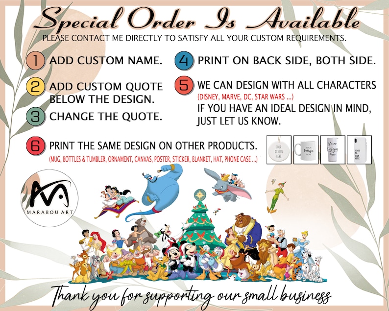 May include: Promotional graphic for Marabou Art, offering custom designs on various products. Text details include adding custom names and quotes, printing on both sides, and designing with Disney, Marvel, DC, and Star Wars characters. The image showcases examples of mugs, ornaments, and phone cases.