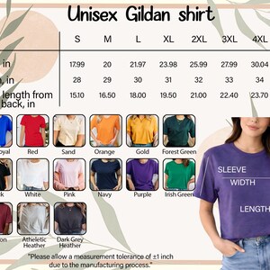 The image is a collage of various t-shirt designs, including different colors and styles, along with a woman wearing a purple t-shirt. The image also includes a table with size and sleeve length information for the different t-shirt designs.