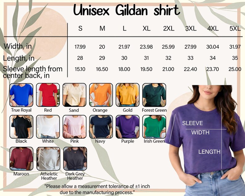 The image is a collage of various t-shirt designs, including different colors and styles, along with a woman wearing a purple t-shirt. The image also includes a table with size and sleeve length information for the different t-shirt designs.