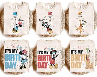 Custom Kid Toddler Name Age Mickey & Friends With Balloon Shirt, Personalized Mickey Mouse Birthday Present Gift, Disneyland Family Trip Tee