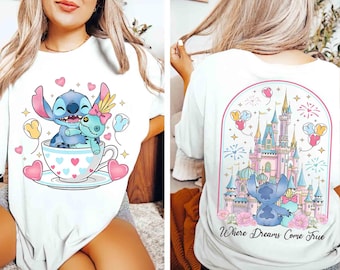 2-sided Stitch And Scrump Tea Cup Where Dreams Come True Shirt, Disney Lilo & Stitch Tee, WDW Disneyland Family Holiday, Girl Trip Outfits