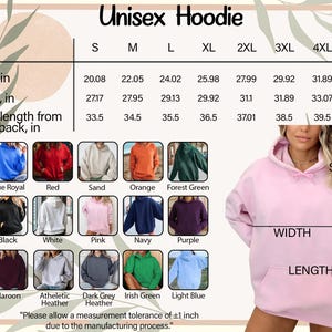 The image is a collage of various colored hoodies, including a pink hoodie, a black hoodie, and a green hoodie. The image also includes a woman wearing a pink hoodie and a table with size and sleeve length information for the different styles.