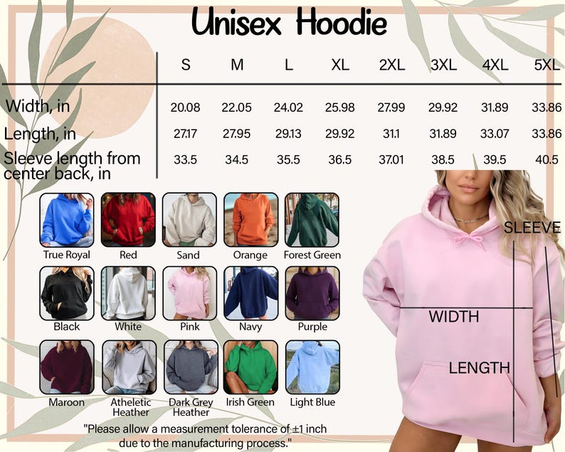 The image is a collage of various colored hoodies, including a pink hoodie, a black hoodie, and a green hoodie. The image also includes a woman wearing a pink hoodie and a table with size and sleeve length information for the different styles.