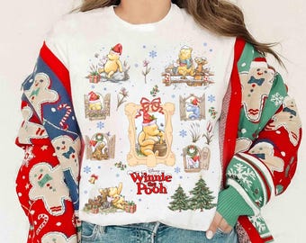 Maglietta natalizia con fiocco di Winnie the Pooh e Winnie the Pooh ad acquerello, maglietta natalizia con Pooh, Tigro, Ih-Oh e Pimpi, maglietta coordinata per il viaggio in famiglia a Disneyland