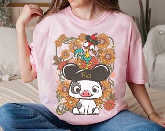 Vintage Hei Hei Rooster Pua Pig With Mickey Ears Floral T-shirt, Disney Moana Characters Tee, Disneyland Family Holiday Vacation 2026 Trip