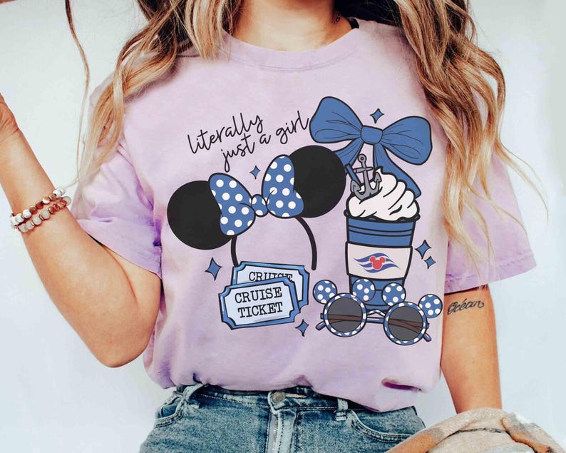 May include: A light purple t-shirt with the text "literally just a girl." The shirt features a Minnie Mouse ear headband with a blue polka dot bow, a cruise ticket, a coffee cup, and sunglasses.