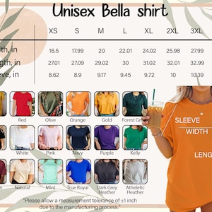 The image is a collage of various t-shirt designs, including different colors and styles, along with a woman wearing an orange t-shirt. The image also includes a table with measurements for the width, length, sleeves, and sleeve width of the t-shirt designs.