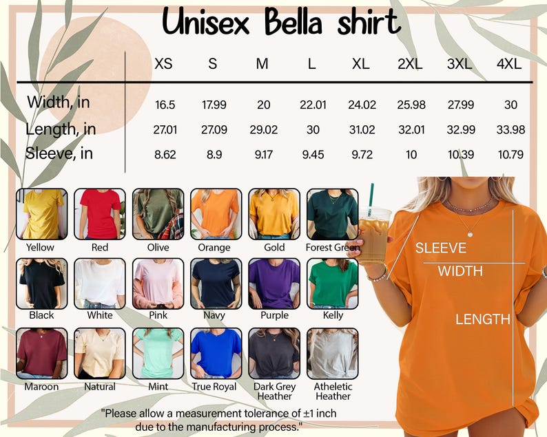 The image is a collage of various t-shirt designs, including different colors and styles, along with a woman wearing an orange t-shirt. The image also includes a table with measurements for the width, length, sleeves, and sleeve width of the t-shirt designs.