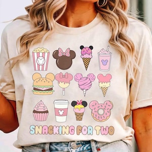 Pastel Mickey Snacks Snacking For Two Shirt, Disney Food Mom To Be T-shirt, Disney Maternity Shirts, Disney Pregnancy Announcement 2025 Tee