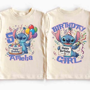 May include: Two cream-colored children's t-shirts with a cartoon graphic of Stitch from Lilo & Stitch. One shirt features Stitch with a birthday cake and the name "Amelia". The other shirt says "Birthday Girl".