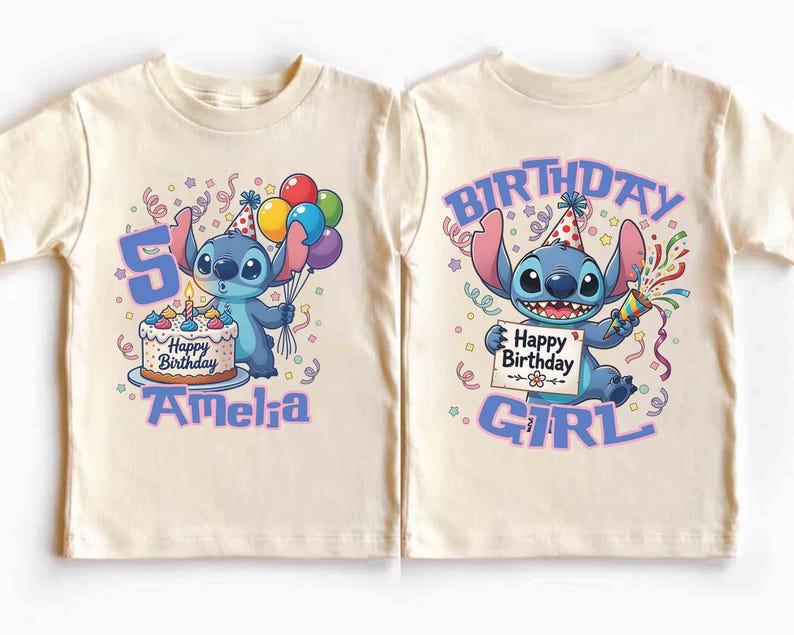 May include: Two cream-colored children's t-shirts with a cartoon graphic of Stitch from Lilo & Stitch. One shirt features Stitch with a birthday cake and the name "Amelia". The other shirt says "Birthday Girl".