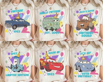 T-shirt personnalisé anniversaire voitures Disney des années 90, cadeau d'anniversaire personnalisé Disney MC Queen remorquer Mater Sally, voyage en famille Disneyland