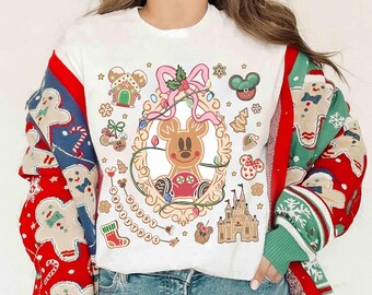 Camiseta navideña de Mickey Mouse con lazo coqueto y diseño de pan de jengibre de Disney, camiseta para la fiesta navideña de Mickey, regalo navideño familiar para las fiestas