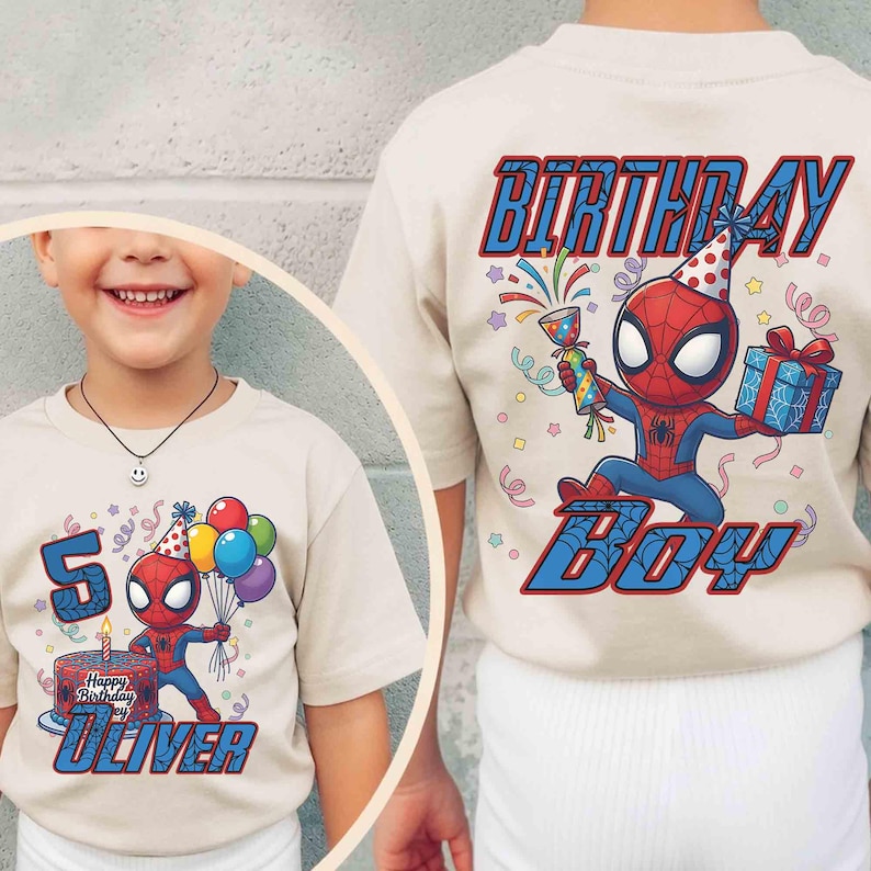 May include: Beige t-shirt featuring a Spider-Man graphic. The front design includes the number 5, a birthday cake, and the name "Oliver." The back of the shirt displays "Birthday Boy" and another Spider-Man graphic. Balloons and confetti are also included.