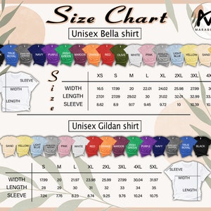 May include: A size chart for Unisex Bella and Gildan shirts, featuring various colors and sizes from XS to 5XL. The chart includes measurements for width, length, and sleeve length in inches, with a diagram illustrating the measurement points.