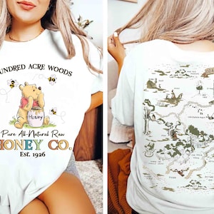 Dubbelzijdig Winnie the Pooh Honey Co. Shirt honderd hectare boskaart, vintage Pooh Bear and Friends-T-shirt, WDW Disneyland-gezinsvakantie 2025