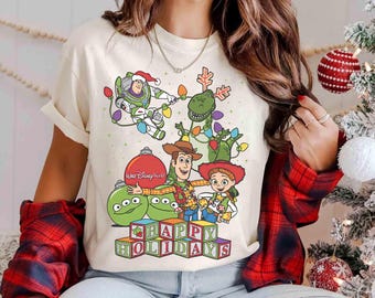 Comfort Colors® Disney Pixar Toy Story Christmas Tree Shirt, Woody Buzz Lightyear Rex Xmas Light Tee, Disneyland Family Holiday Trip Gifts