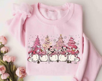 Disney Christmas Pink Tree Sweatshirt, Cute Mickey And Friends Snowman Pink Xmas Shirt, Disney Mickey's Very Merry Christmas Party 2026 Gift