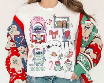 Leuk gestikt kerstshirt kerstman, grappig Disney Lilo & Stitch Ho Ho Ho Xmas Light Tee, WDW Magic Kingdom-cadeau voor familie-uitje