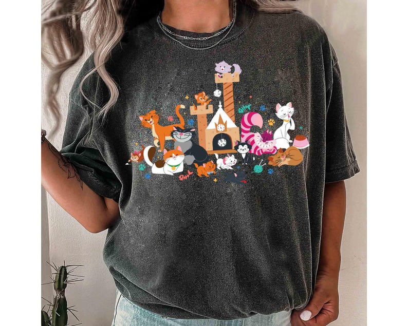Disney Cats-karaktärsgrupp Kattunge vänner T-shirt, Marie Toulouse Berlioz Figaro Cheshire T-shirt, Magic Kingdom Disneyland familjepresent bild 3