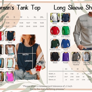 The image is a comparison of a woman's tank top and a long sleeve shirt, with measurements and color options. It includes images of different styles of tank tops and long sleeves, along with corresponding measurements and color options. The image also includes a note about measurement tolerance during the manufacturing process.