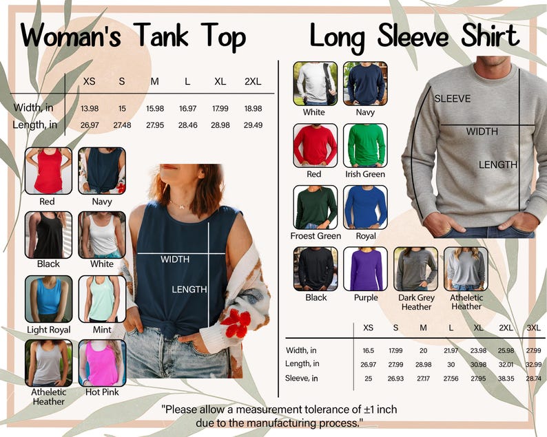 The image is a comparison of a woman's tank top and a long sleeve shirt, with measurements and color options. It includes images of different styles of tank tops and long sleeves, along with corresponding measurements and color options. The image also includes a note about measurement tolerance during the manufacturing process.
