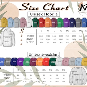 May include: Size chart for unisex hoodies and sweatshirts. The chart displays measurements for width, length, and sleeve length in inches for sizes S through 5XL. Colors include black, navy, purple, and more. The text "MARABOU ART" is in the upper right corner.