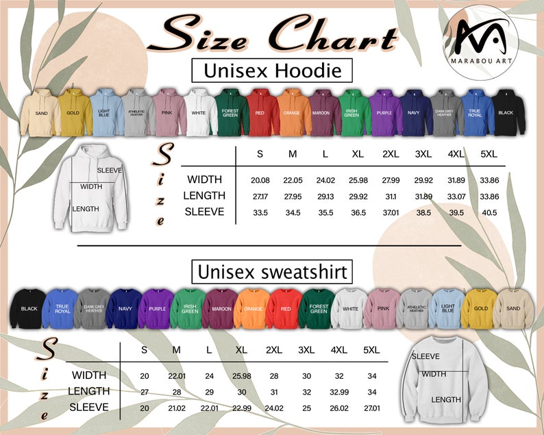 May include: Size chart for unisex hoodies and sweatshirts. The chart displays measurements for width, length, and sleeve length in inches for sizes S through 5XL. Colors include black, navy, purple, and more. The text "MARABOU ART" is in the upper right corner.