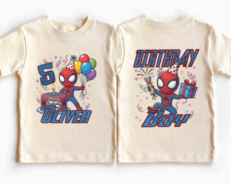 May include: Two cream-colored t-shirts featuring a Spider-Man graphic. One shirt shows Spider-Man with a birthday cake, balloons, and the name "Oliver". The other shirt says "BIRTHDAY BOY" with Spider-Man holding gifts and a party favor.
