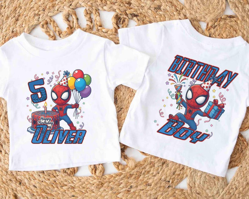May include: Two white t-shirts with a Spider-Man graphic. One shirt says "5" with "Happy Birthday Oliver" and a cake. The other says "BIRTHDAY BOY". Both shirts feature the superhero in a party hat.