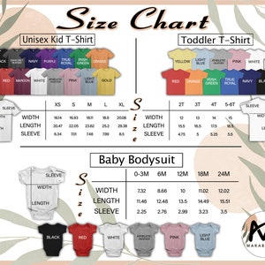 May include: Size chart for unisex kid t-shirts, toddler t-shirts, and baby bodysuits. Includes measurements for width, length, and sleeve length in inches. Features a variety of colors for each garment type, such as black, red, and white.
