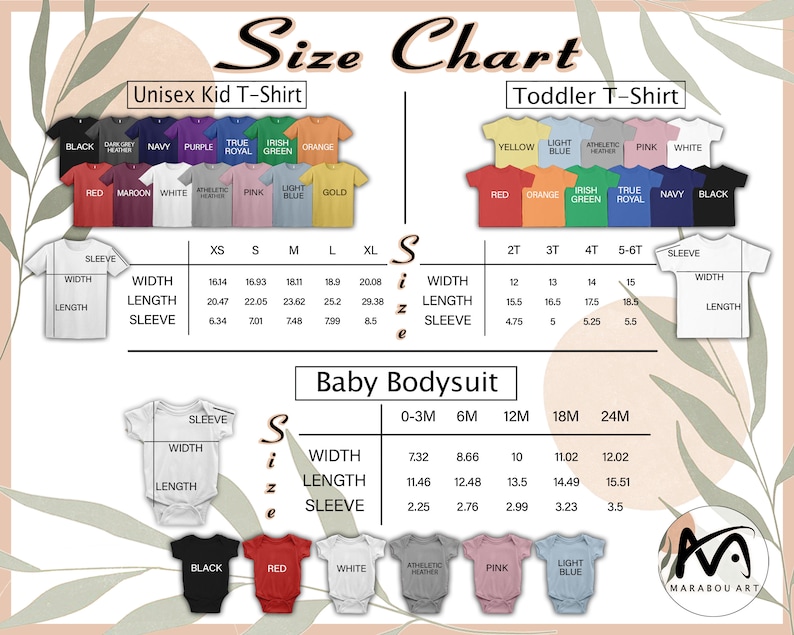 May include: Size chart for unisex kid t-shirts, toddler t-shirts, and baby bodysuits. Includes measurements for width, length, and sleeve length in inches. Features a variety of colors for each garment type, such as black, red, and white.