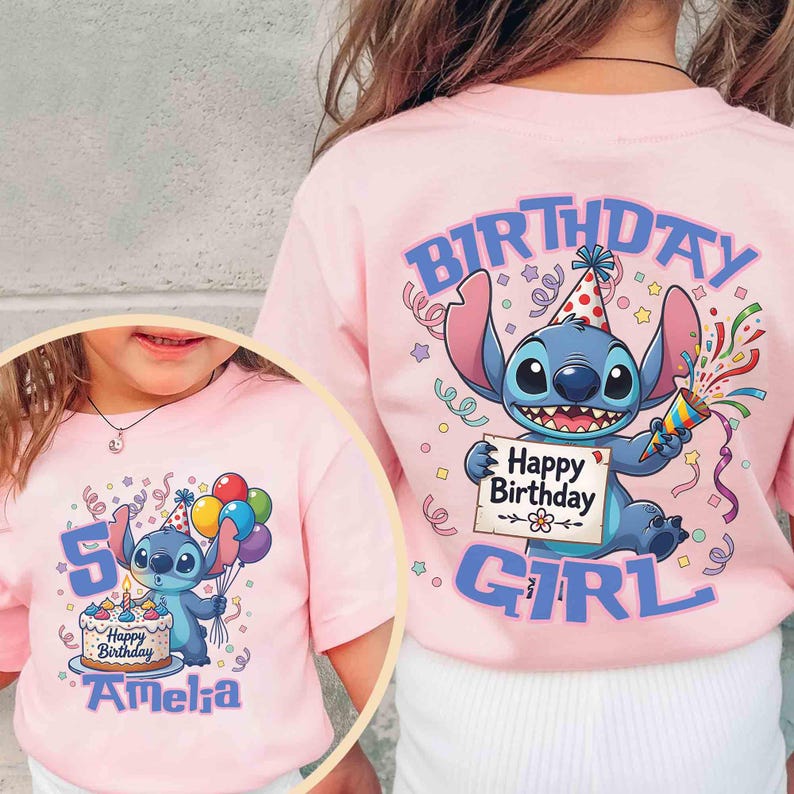 May include: Pink short-sleeved t-shirt featuring a cartoon character holding balloons and a birthday cake. The shirt has the text "Happy Birthday" and the name "Amelia". The back of the shirt says "Birthday Girl".
