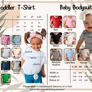 The image is a comparison of a toddler T-shirt and a baby bodysuit, with measurements and color options for each.