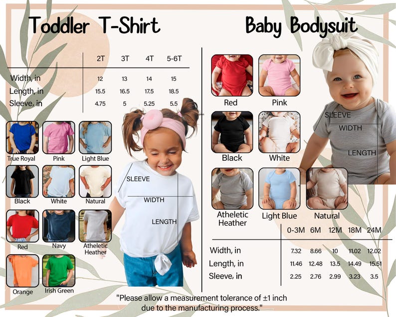 The image is a comparison of a toddler T-shirt and a baby bodysuit, with measurements and color options for each.