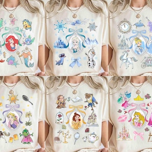 Coquette Bows Watercolor Disney Princess Characters Shirt, Customize Tiana Ariel Elsa Rapunzel Belle Jasmine Tee, Magic Kingdom Family Trip