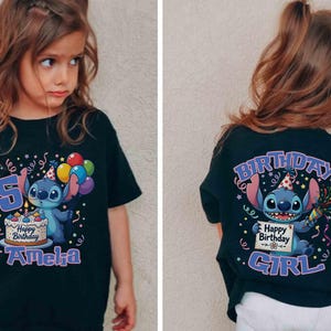 May include: Black t-shirt featuring a cartoon character holding balloons and a cake with the text "Happy Birthday Amelia" and the number 5. The back of the shirt has the text "Birthday Girl" and the same cartoon character.