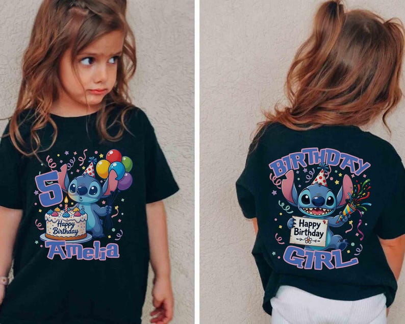 May include: Black t-shirt featuring a cartoon character holding balloons and a cake with the text "Happy Birthday Amelia" and the number 5. The back of the shirt has the text "Birthday Girl" and the same cartoon character.